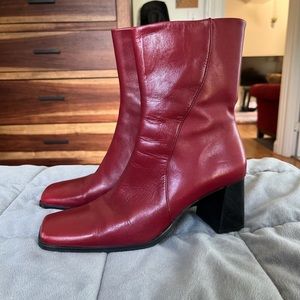 Red Faux Leather Ankle Chunky Heel Boots!